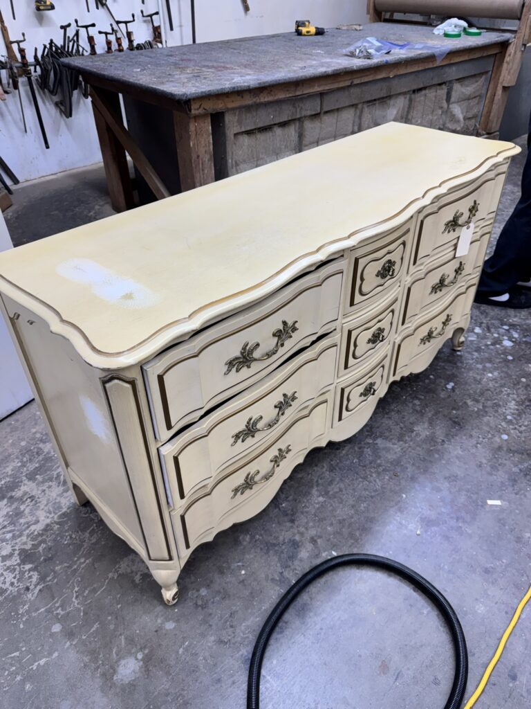 Angelus dresser before restoration - white French Provincial finish