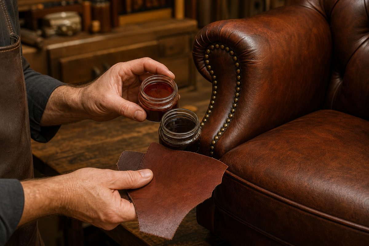 Leather color matching at Rahn's workshop